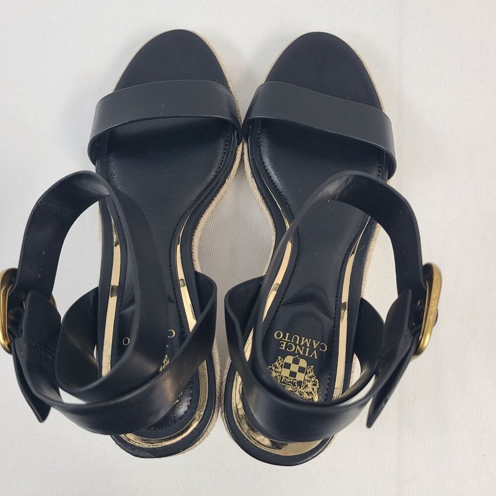 Vince Camuto Felia Black Leather Espadrille Wedge Sandals - Picture 7 of 9